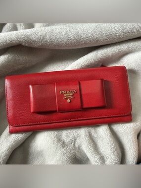 Prada Red Saffiano Bow Clutch Wallet